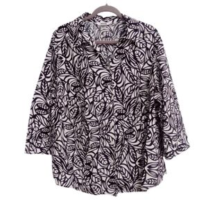 ALIA Plus Size 3/4 Sleeve Black & White Leafs Pattern Button Down Shirt Sz 24W